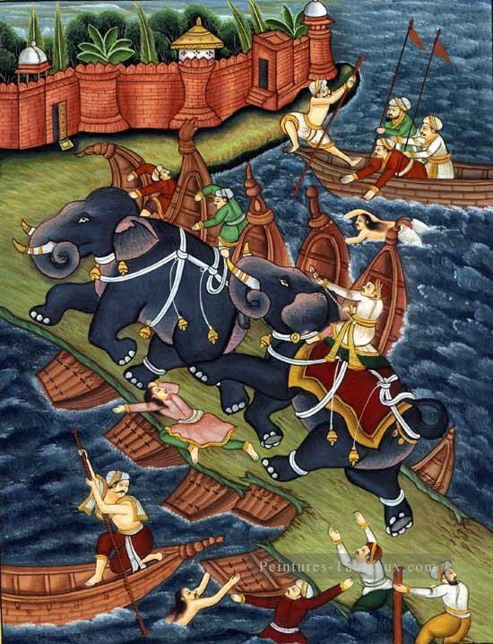 Akbar retient Hawai Enraged Elephant de l’Inde Peintures à l'huile